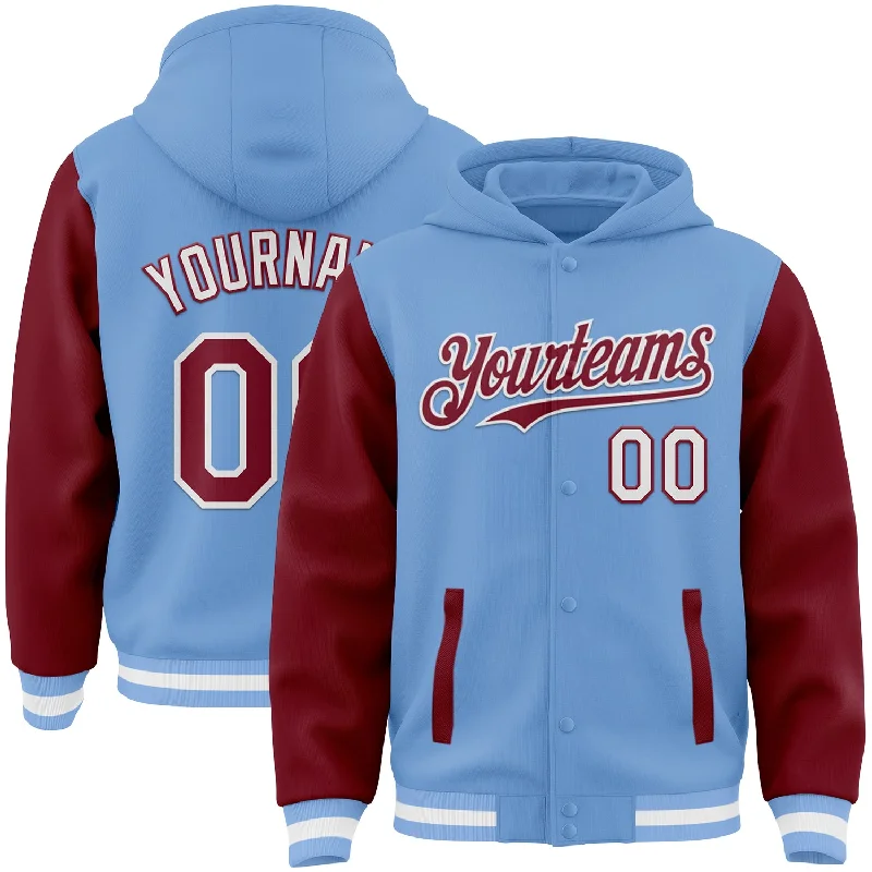 Fishing hook fine hook-Custom Light Blue Crimson-White Bomber Full-Snap Varsity Letterman Two Tone Hoodie Jacket