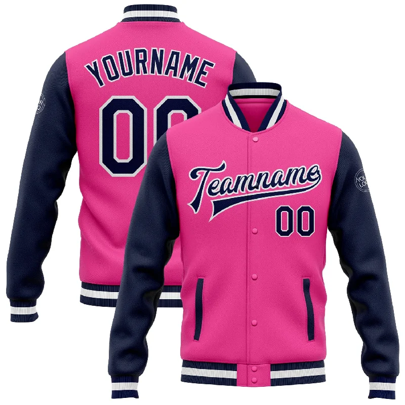 Fishing tackle foldable tray-Custom Pink Navy-White Bomber Full-Snap Varsity Letterman Two Tone Jacket