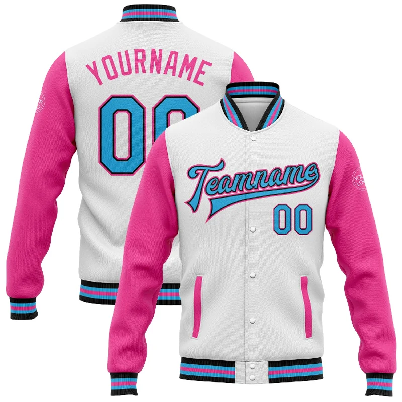 Fishing rod lightweight holder-Custom White Sky Blue Black-Pink Bomber Full-Snap Varsity Letterman Two Tone Jacket