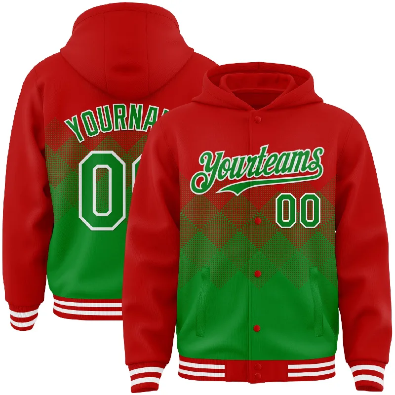 Fishing tackle multi-rack-Custom Red Grass Green-White Gradient Square Shape 3D Pattern Design Bomber Full-Snap Varsity Letterman Hoodie Jacket