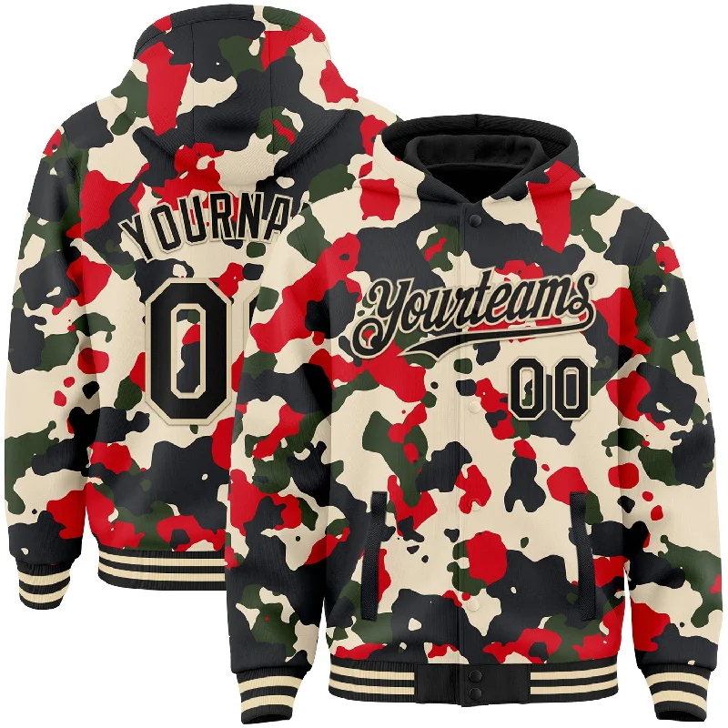 Fishing reel lightweight gear-Custom Camo Black-Cream 3D Bomber Full-Snap Varsity Letterman Salute To Service Hoodie Jacket