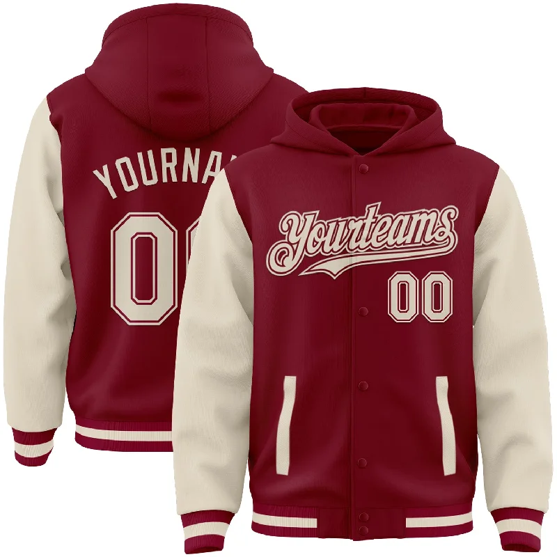 Fishing line high tension-Custom Crimson Cream Bomber Full-Snap Varsity Letterman Two Tone Hoodie Jacket