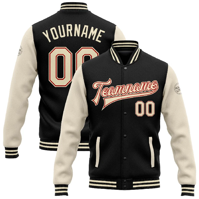 Fishing line smooth power-Custom Black Cream-Red Bomber Full-Snap Varsity Letterman Two Tone Jacket