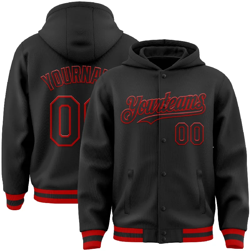 Fishing line high power-Custom Black Red Bomber Full-Snap Varsity Letterman Hoodie Jacket