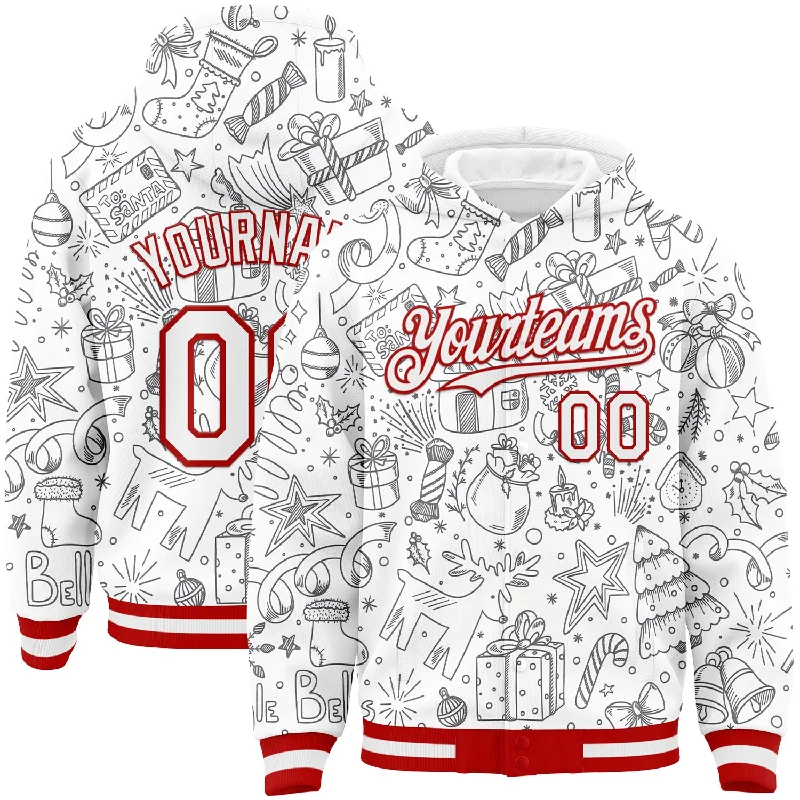 Fishing hook durable line-Custom White Red Christmas 3D Bomber Full-Snap Varsity Letterman Hoodie Jacket