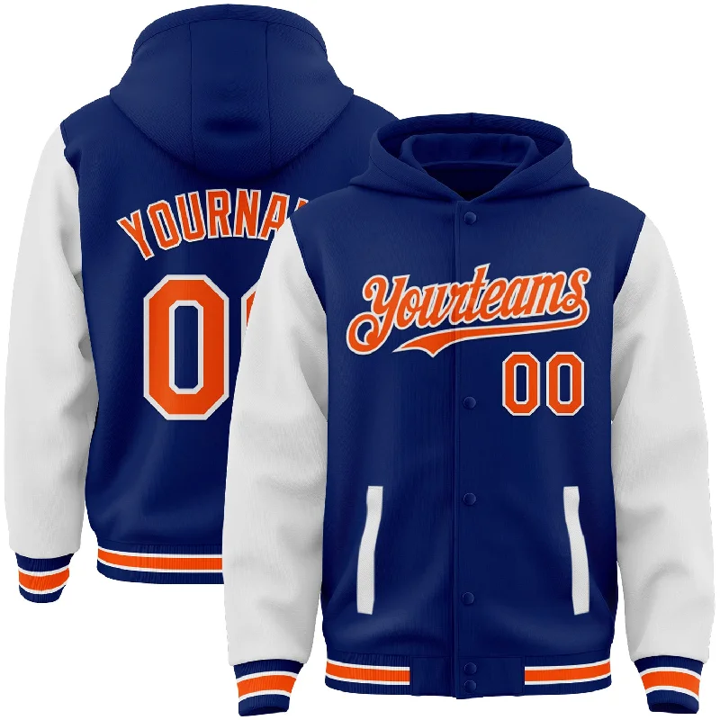 Fishing rod quick mount-Custom Royal Orange-White Bomber Full-Snap Varsity Letterman Two Tone Hoodie Jacket