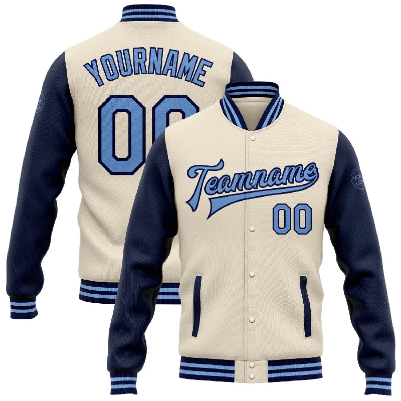 Fishing hook saltwater ready-Custom Cream Light Blue-Navy Bomber Full-Snap Varsity Letterman Two Tone Jacket