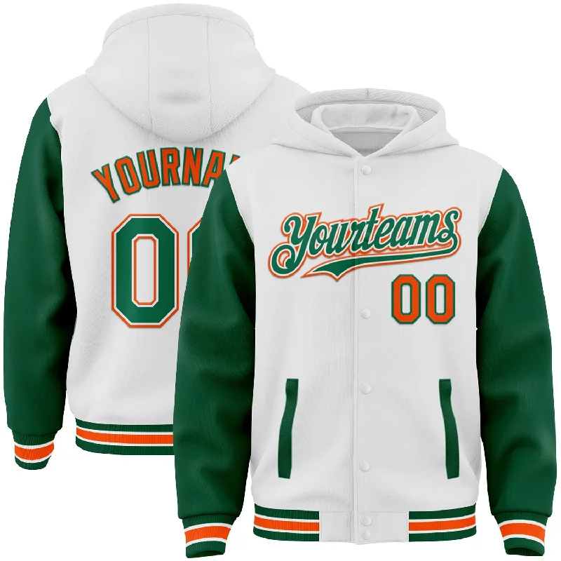 Fishing rod ice holder-Custom White Kelly Green-Orange Bomber Full-Snap Varsity Letterman Two Tone Hoodie Jacket