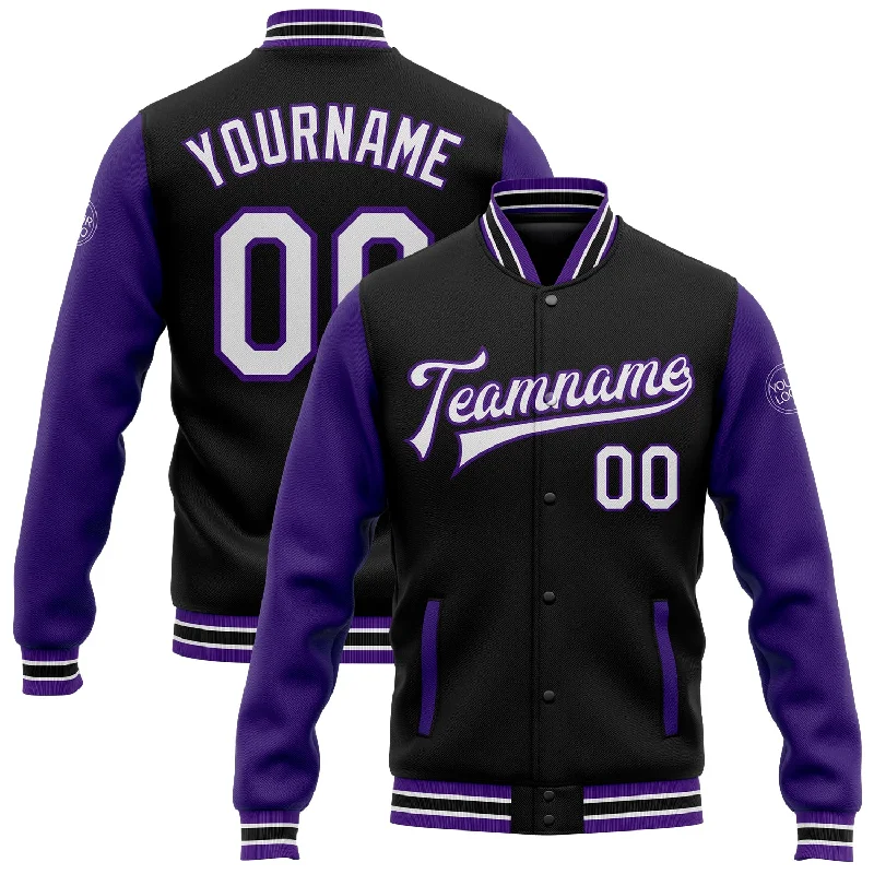 Fishing rod pier combo-Custom Black White-Purple Bomber Full-Snap Varsity Letterman Two Tone Jacket