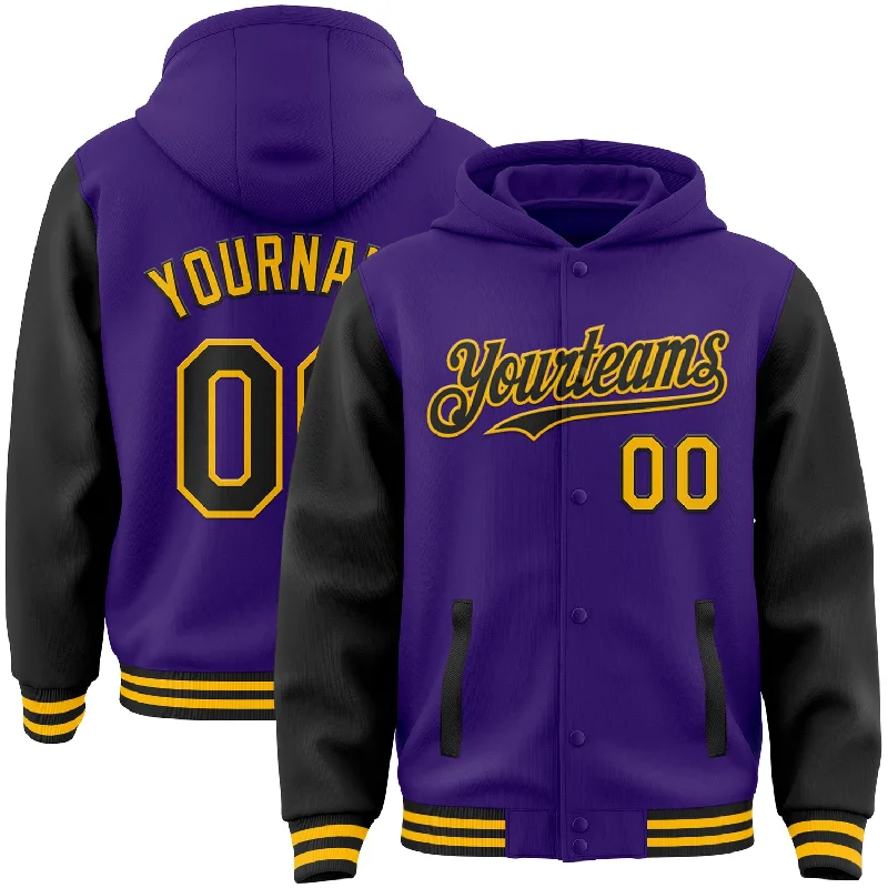 Fishing bait cutting board-Custom Purple Black-Gold Bomber Full-Snap Varsity Letterman Two Tone Hoodie Jacket