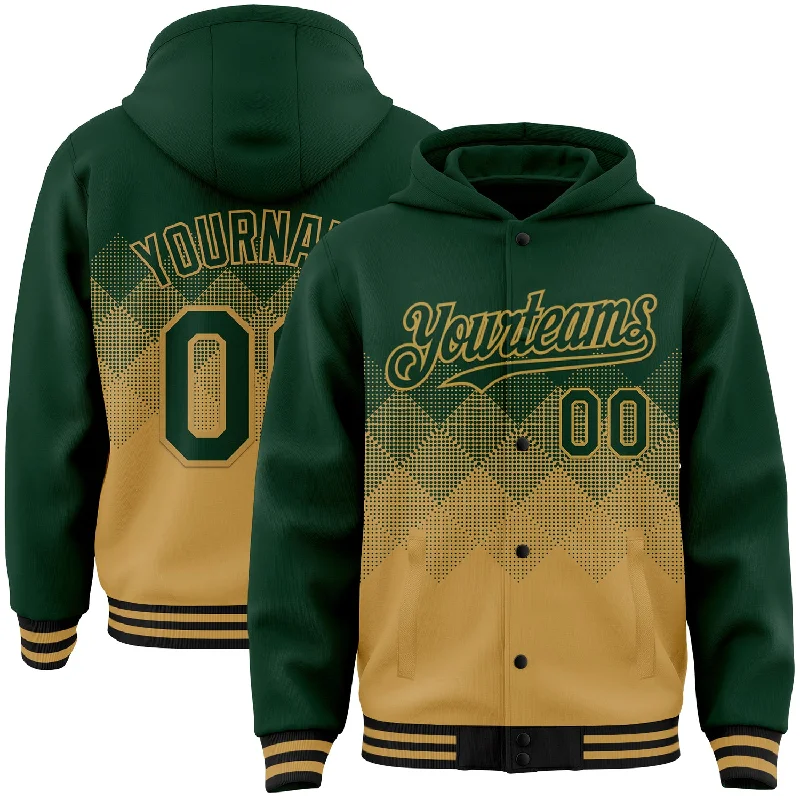 Fishing hook quick shank-Custom Green Old Gold-Black Gradient Square Shape 3D Pattern Design Bomber Full-Snap Varsity Letterman Hoodie Jacket