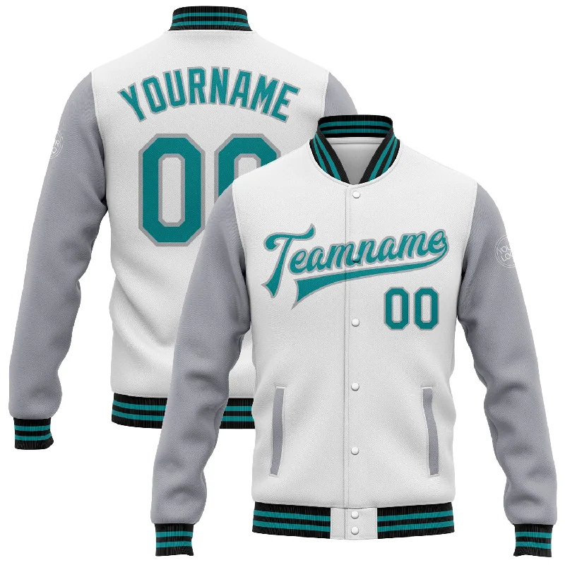 Fishing reel lightweight drag-Custom White Teal Gray-Black Bomber Full-Snap Varsity Letterman Two Tone Jacket