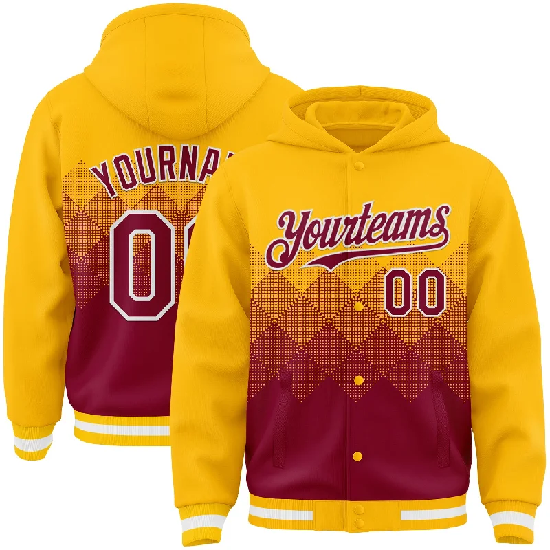 Fishing reel fast reach-Custom Gold Maroon-White Gradient Square Shape 3D Pattern Design Bomber Full-Snap Varsity Letterman Hoodie Jacket