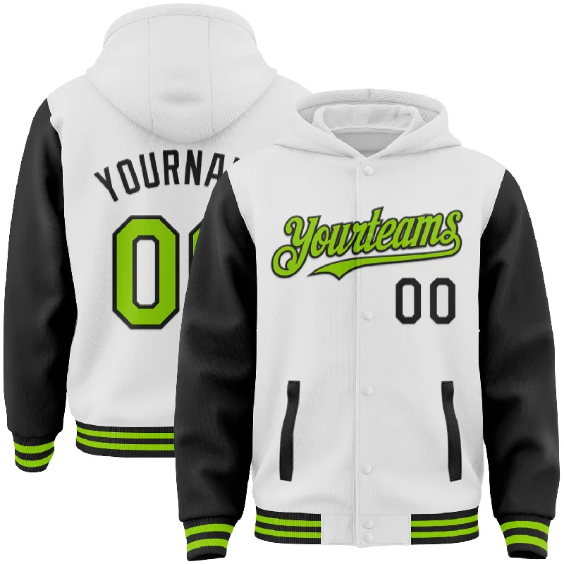 Fishing hook fine tip-Custom White Neon Green-Black Bomber Full-Snap Varsity Letterman Two Tone Hoodie Jacket