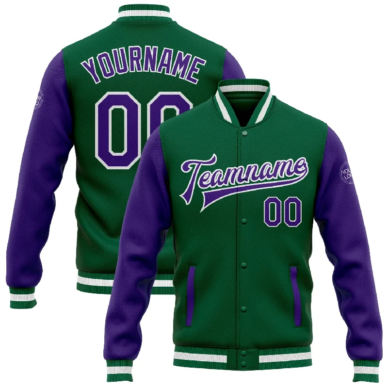 Fishing line spool power-Custom Kelly Green Purple-White Bomber Full-Snap Varsity Letterman Two Tone Jacket