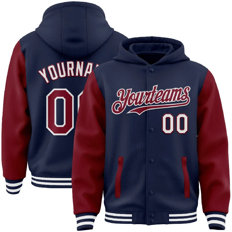 Fishing tackle utility pouch-Custom Navy Crimson-White Bomber Full-Snap Varsity Letterman Two Tone Hoodie Jacket