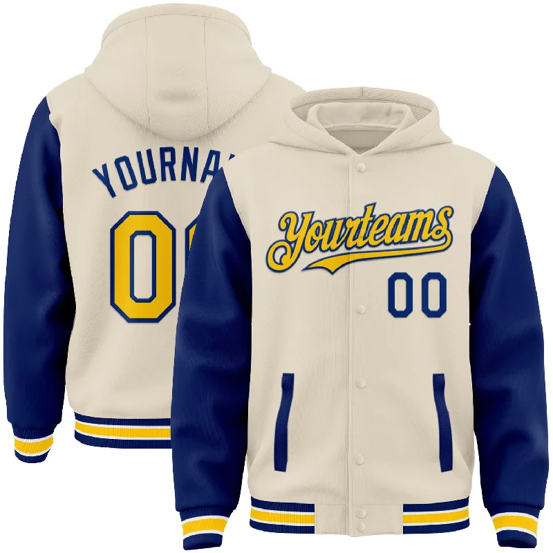 Fishing reel quick power-Custom Cream Yellow Royal-White Bomber Full-Snap Varsity Letterman Two Tone Hoodie Jacket