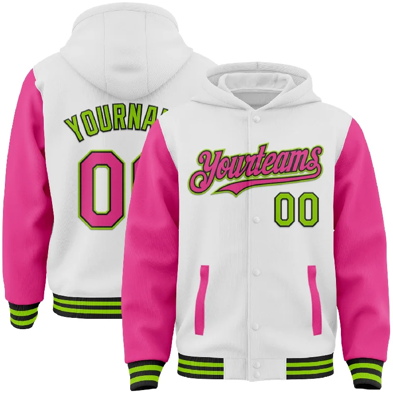 Fishing line cast control-Custom White Pink Black-Neon Green Bomber Full-Snap Varsity Letterman Two Tone Hoodie Jacket