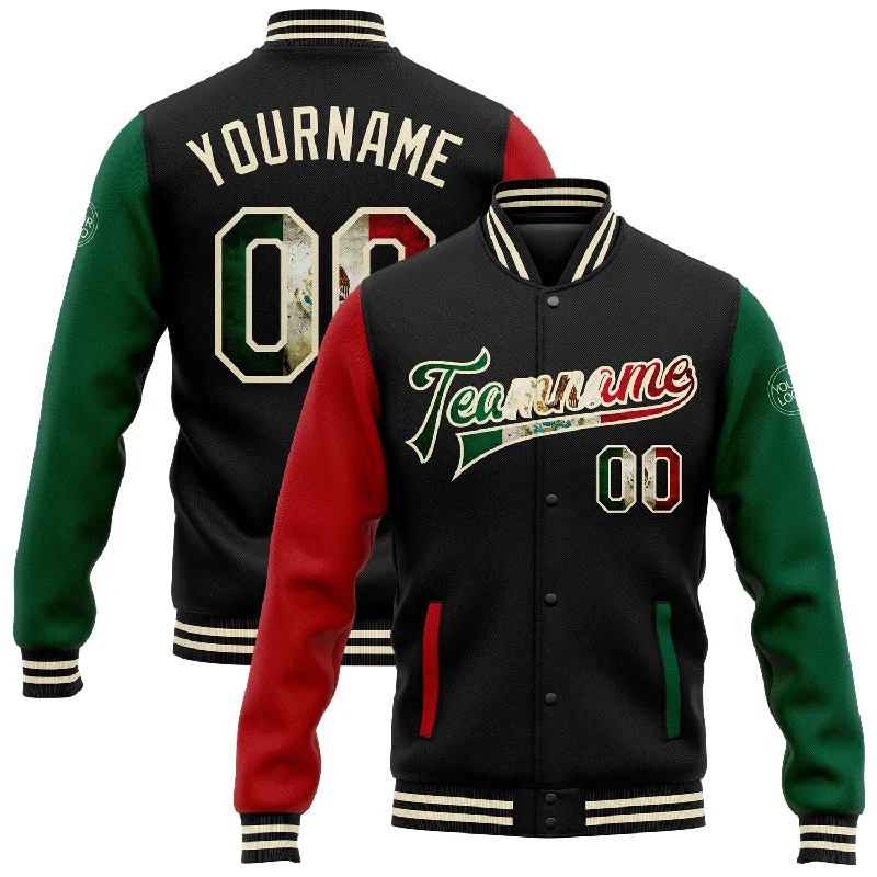 Fishing rod shore strap-Custom Black Vintage Mexican Flag Cream Kelly Green-Red Bomber Full-Snap Varsity Letterman Two Tone Jacket