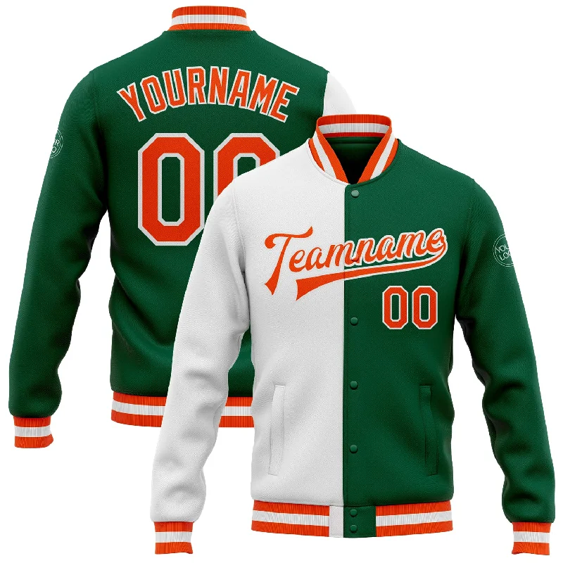 Fishing rod bank mount-Custom Kelly Green Orange-White Bomber Full-Snap Varsity Letterman Split Fashion Jacket