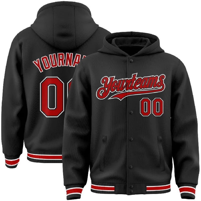 Fishing reel smooth tension-Custom Black Red-White Bomber Full-Snap Varsity Letterman Hoodie Jacket