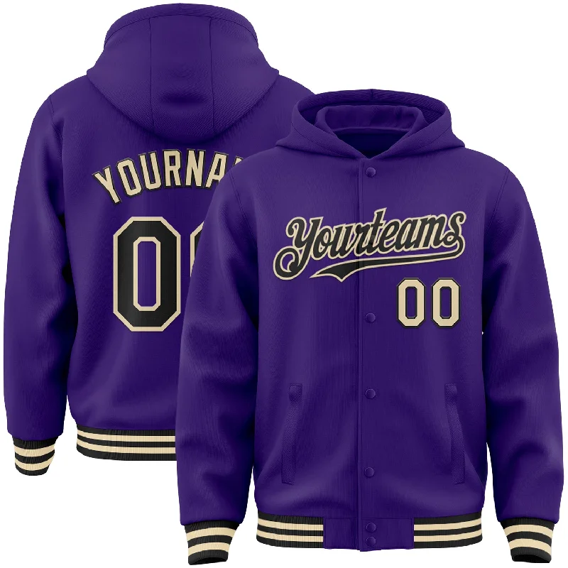 Fishing hook glow in dark-Custom Purple Black-Cream Bomber Full-Snap Varsity Letterman Hoodie Jacket