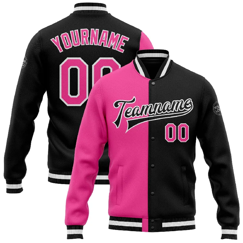 Fishing reel low drag-Custom Black Pink-White Bomber Full-Snap Varsity Letterman Split Fashion Jacket