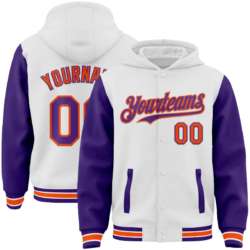 Fishing bait scent pouch-Custom White Purple-Orange Bomber Full-Snap Varsity Letterman Two Tone Hoodie Jacket