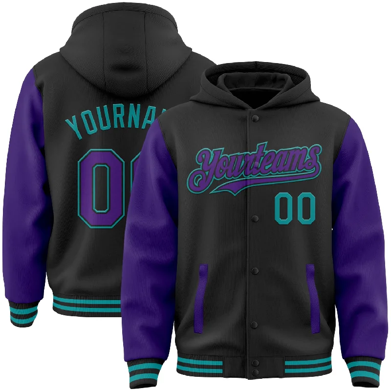 Fishing line cast power-Custom Black Purple-Teal Bomber Full-Snap Varsity Letterman Two Tone Hoodie Jacket