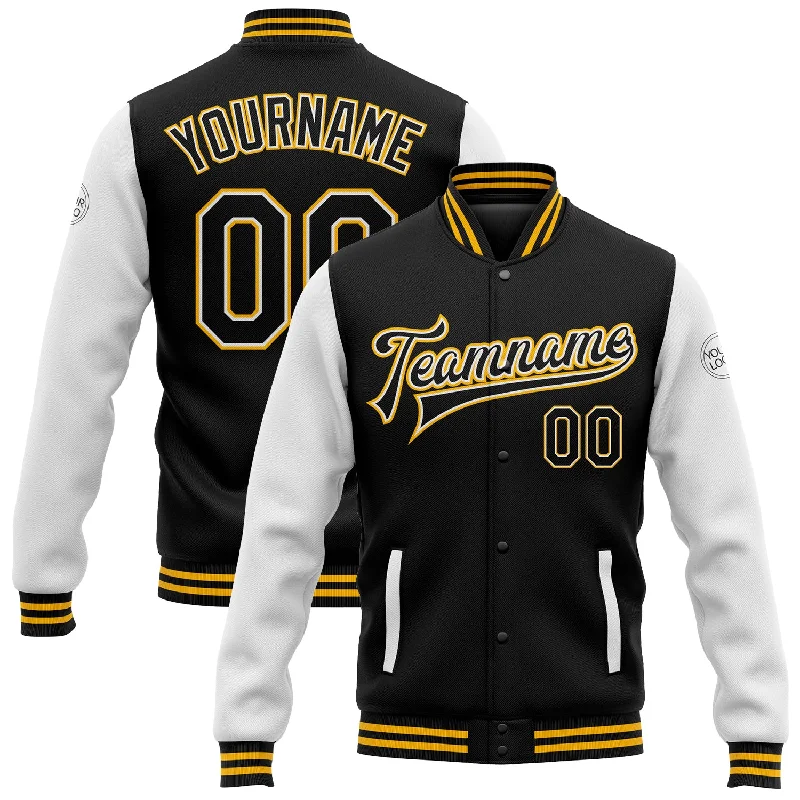 Fishing line knot stability-Custom Black White-Gold Bomber Full-Snap Varsity Letterman Two Tone Jacket