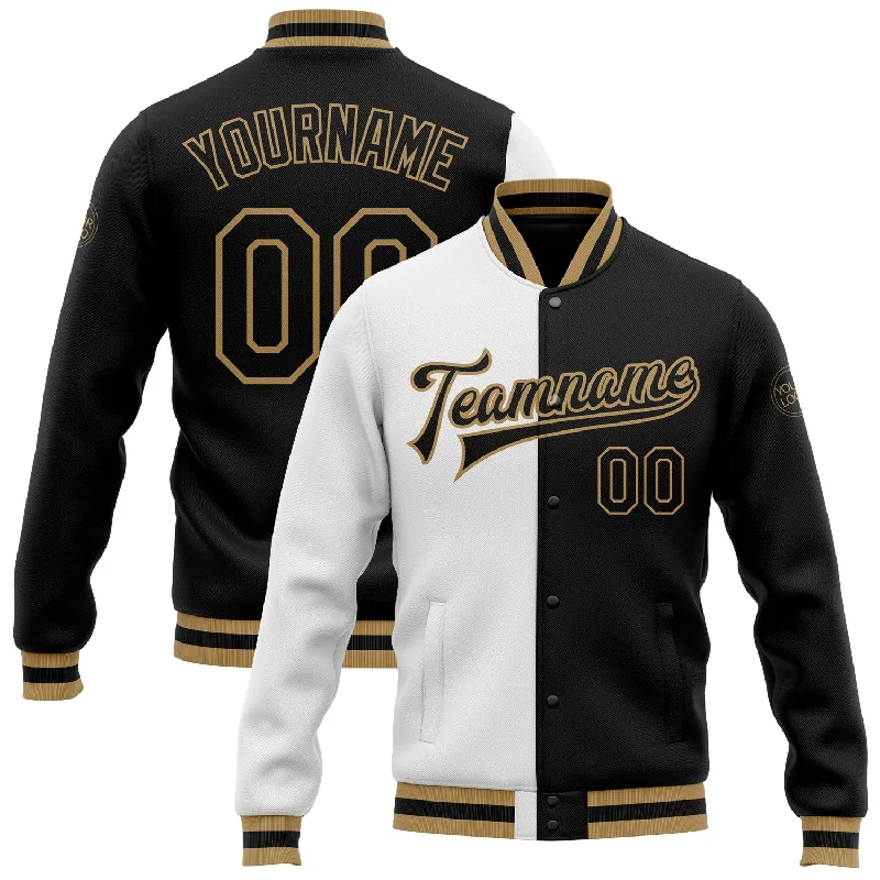 Fishing rod quick mount-Custom White Black-Old Gold Bomber Full-Snap Varsity Letterman Split Fashion Jacket