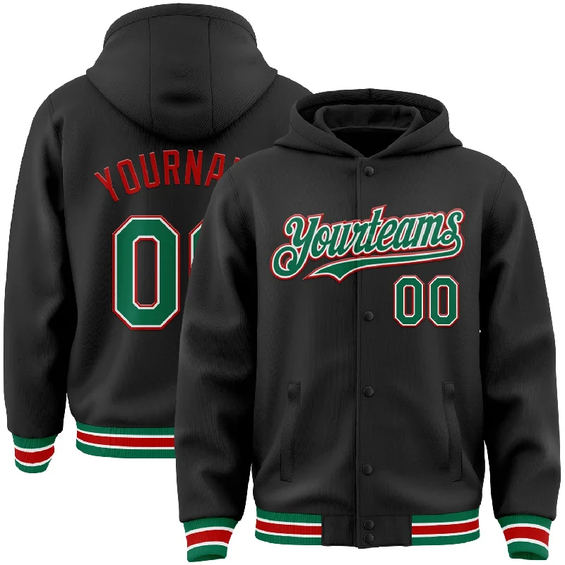 Fishing hook glow point-Custom Black Kelly Green-Red Bomber Full-Snap Varsity Letterman Hoodie Jacket