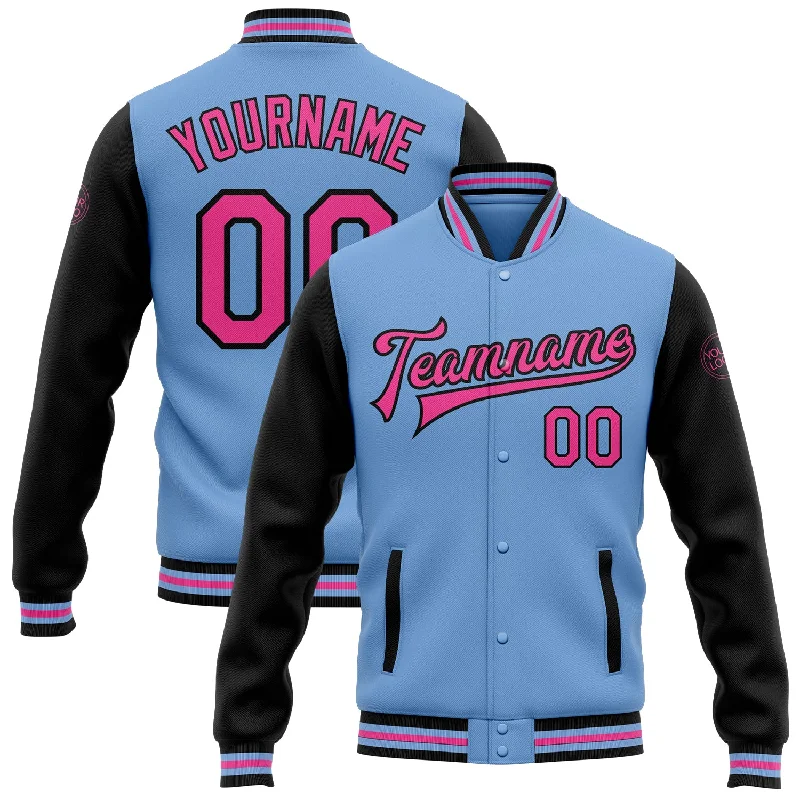 Fishing rod quick connect-Custom Light Blue Pink-Black Bomber Full-Snap Varsity Letterman Two Tone Jacket