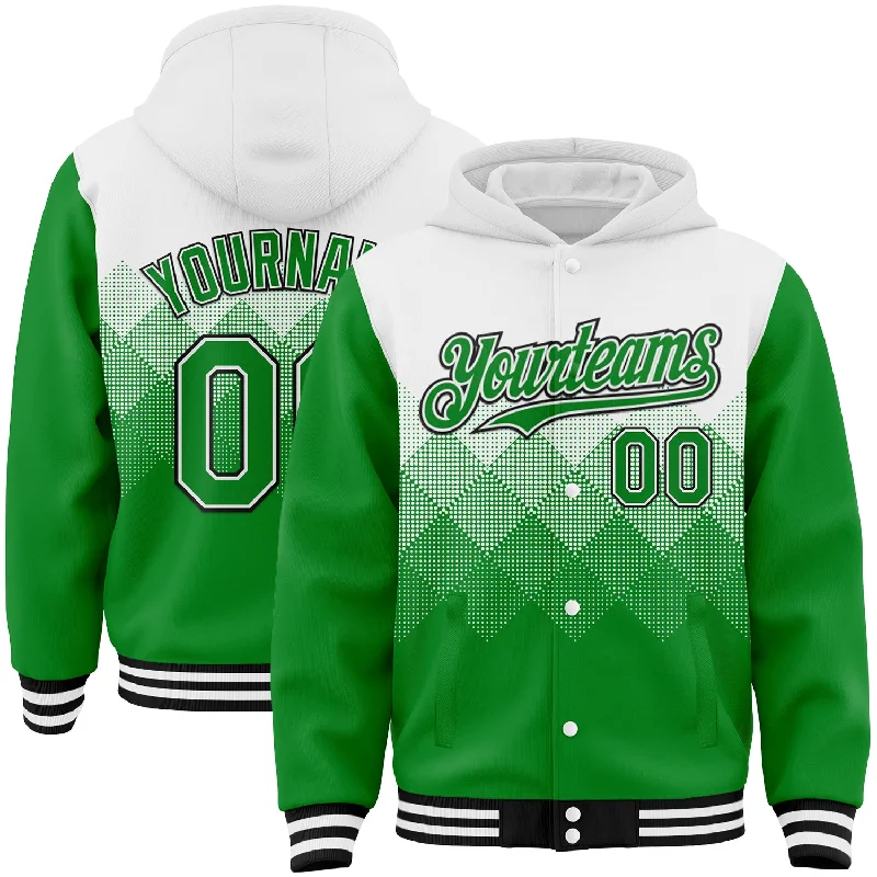 Fishing line smooth stability-Custom White Grass Green-Black Gradient Square Shape 3D Pattern Design Bomber Full-Snap Varsity Letterman Hoodie Jacket