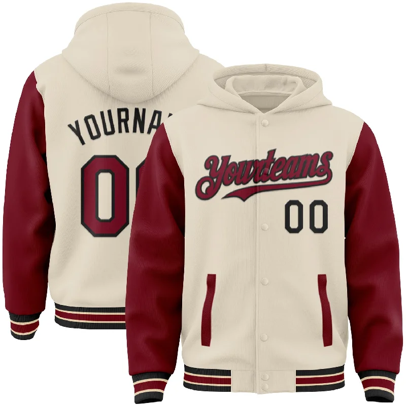 Fishing bait live case-Custom Cream Crimson Black-City Cream Bomber Full-Snap Varsity Letterman Two Tone Hoodie Jacket