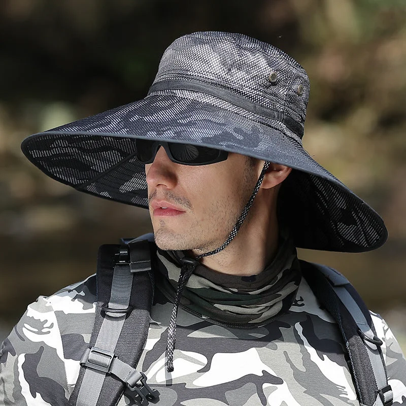 Fishing line cast hold-K51 Men's Summer Hat Outdoor Sun Screen Camouflage Hiking Hats Cycling Fishing Cap Big Brim Fisherman hat UV Protection