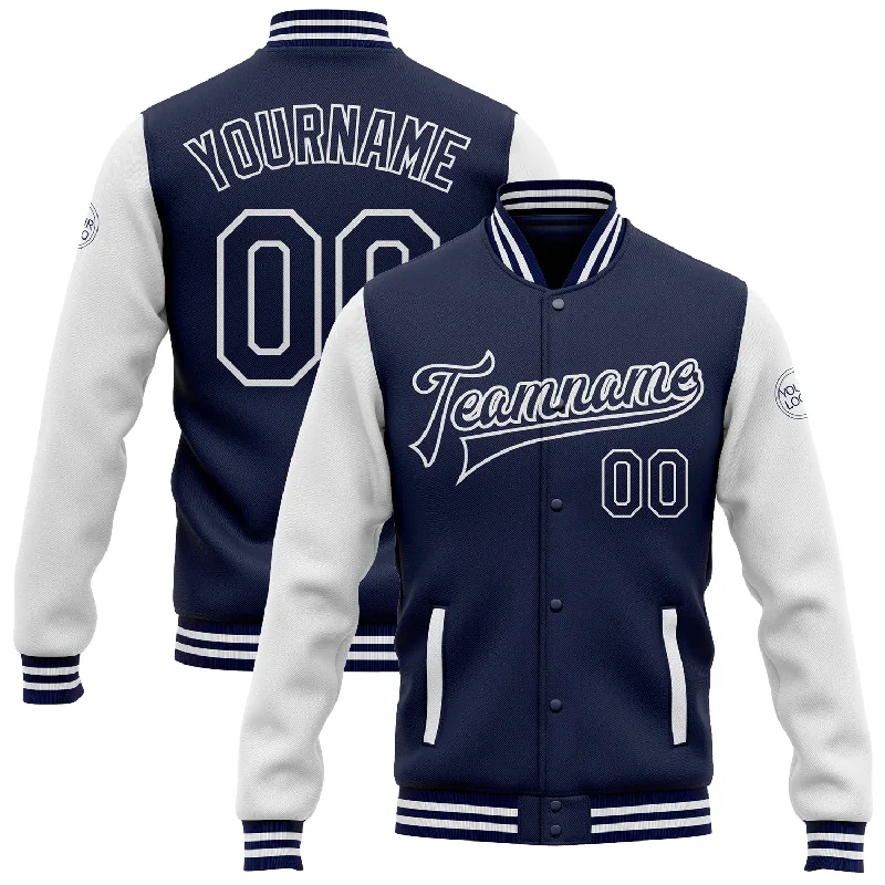 Fishing hook durable line-Custom Navy White Bomber Full-Snap Varsity Letterman Two Tone Jacket