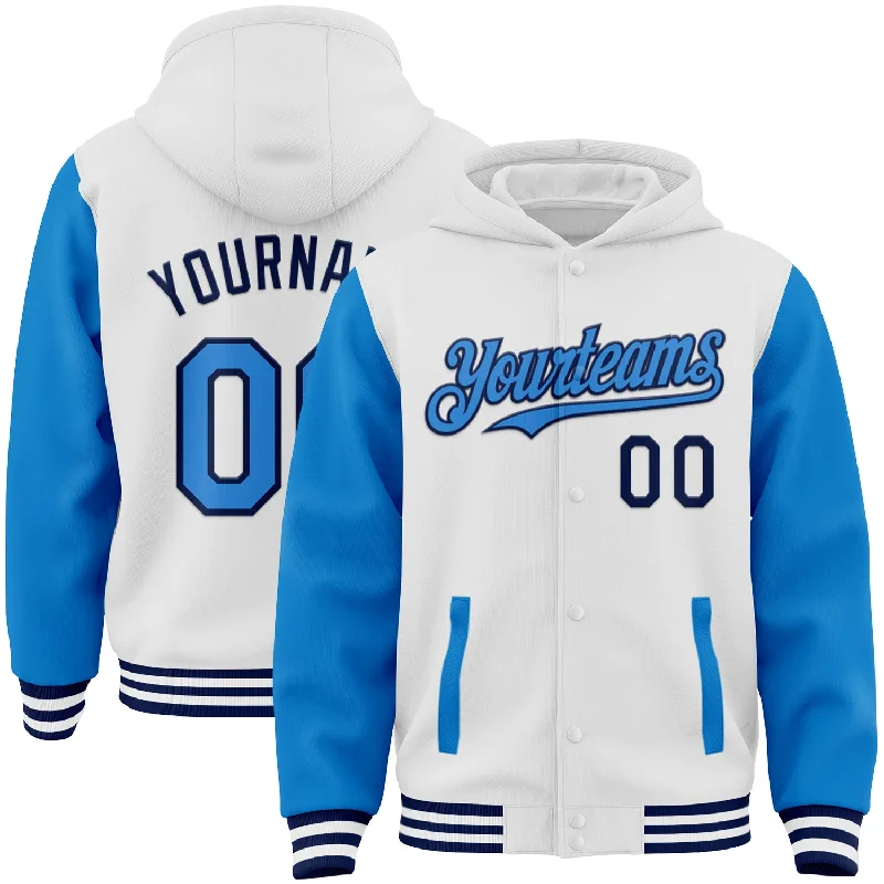 Fishing line knot strength-Custom White Powder Blue-Navy Bomber Full-Snap Varsity Letterman Two Tone Hoodie Jacket