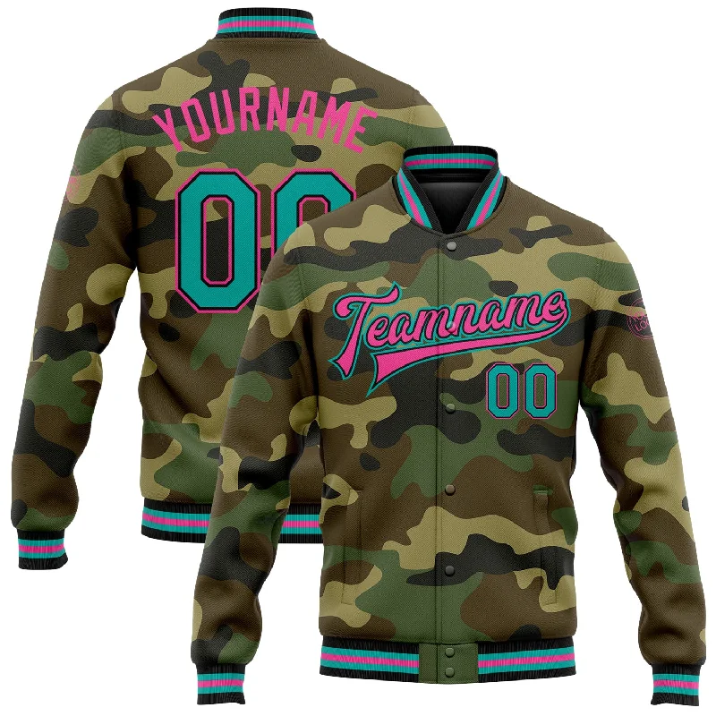 Fishing reel high spool-Custom Camo Aqua Black-Pink Bomber Full-Snap Varsity Letterman Salute To Service Jacket