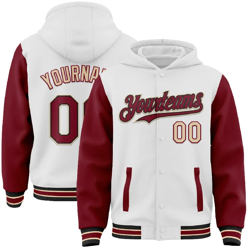 Fishing reel smooth gear-Custom White Crimson Black-City Cream Bomber Full-Snap Varsity Letterman Two Tone Hoodie Jacket