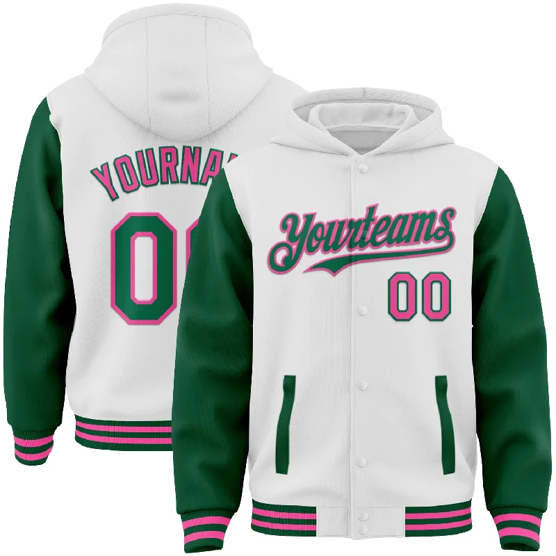 Fishing reel smooth drag-Custom White Kelly Green-Pink Bomber Full-Snap Varsity Letterman Two Tone Hoodie Jacket