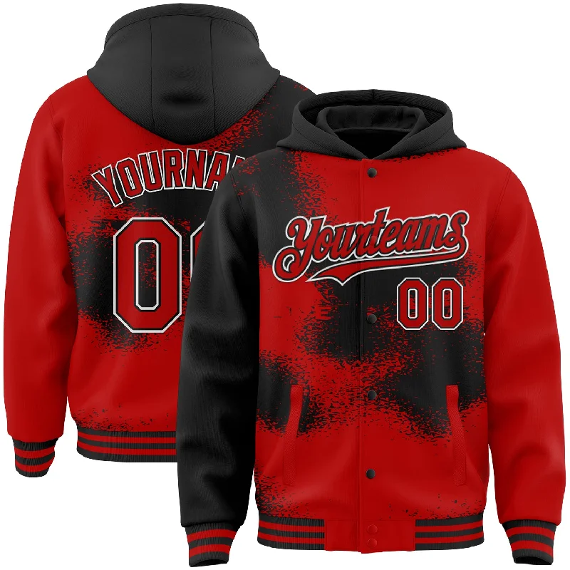 Fishing line stretch resistant-Custom Red Black-White Abstract Color Blocks Fragment Art 3D Pattern Design Bomber Full-Snap Varsity Letterman Hoodie Jacket