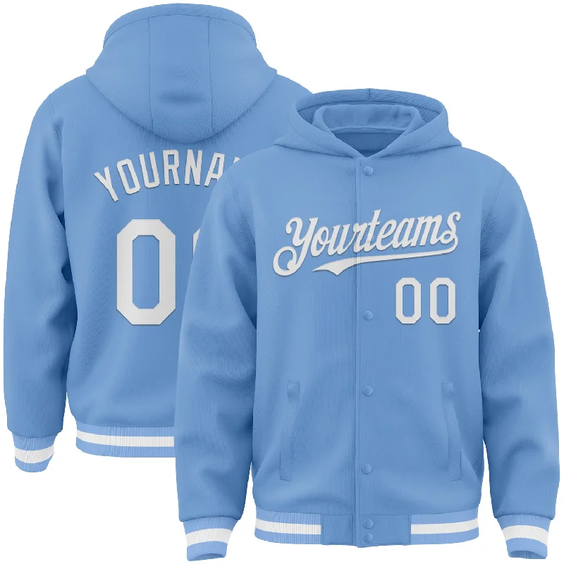 Fishing rod sturdy mount-Custom Light Blue White Bomber Full-Snap Varsity Letterman Hoodie Jacket