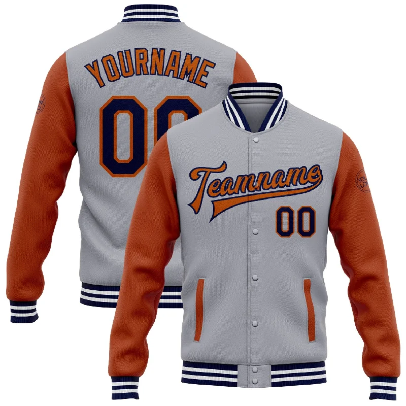 Fishing hook rust block-Custom Gray Navy-Texas Orange Bomber Full-Snap Varsity Letterman Two Tone Jacket