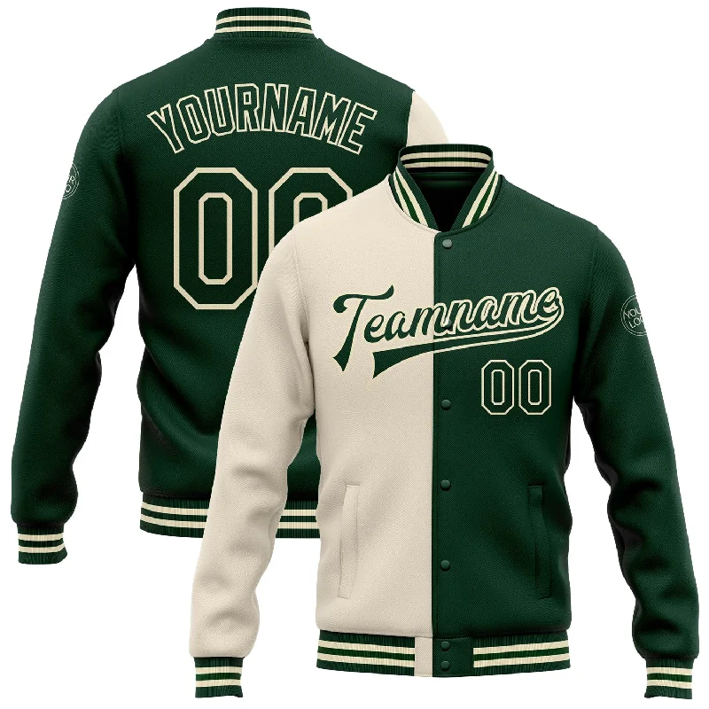 Fishing rod compact combo-Custom Cream Green Bomber Full-Snap Varsity Letterman Split Fashion Jacket