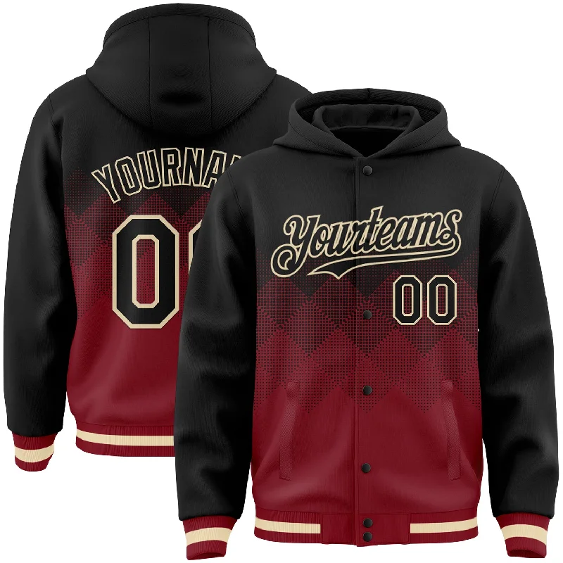 Fishing rod shore strap-Custom Black Maroon-Cream Gradient Square Shape 3D Pattern Design Bomber Full-Snap Varsity Letterman Hoodie Jacket