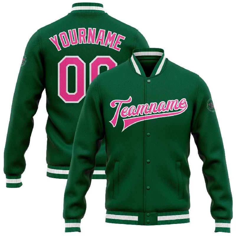 Fishing rod kayak mount-Custom Kelly Green Pink-White Bomber Full-Snap Varsity Letterman Jacket