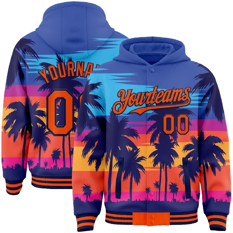 Spinning reel lightweight-Custom Royal Orange-Navy Tropical Hawaii Palm Trees 3D Bomber Full-Snap Varsity Letterman Hoodie Jacket