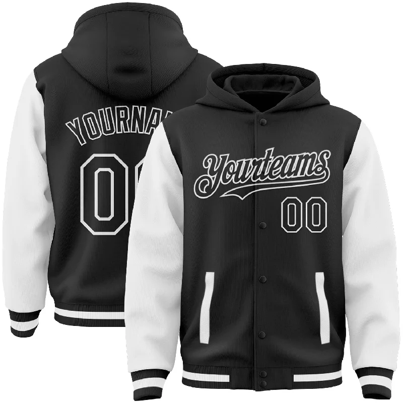 Fishing rod pier combo-Custom Black White Bomber Full-Snap Varsity Letterman Two Tone Hoodie Jacket