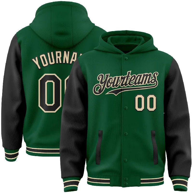 Fishing hook strong tip-Custom Kelly Green Black-Cream Bomber Full-Snap Varsity Letterman Two Tone Hoodie Jacket